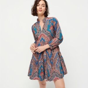 J Crew A-Line Poplin Dress in Ratti Mediterranean Paisley Print Long Sleeve M